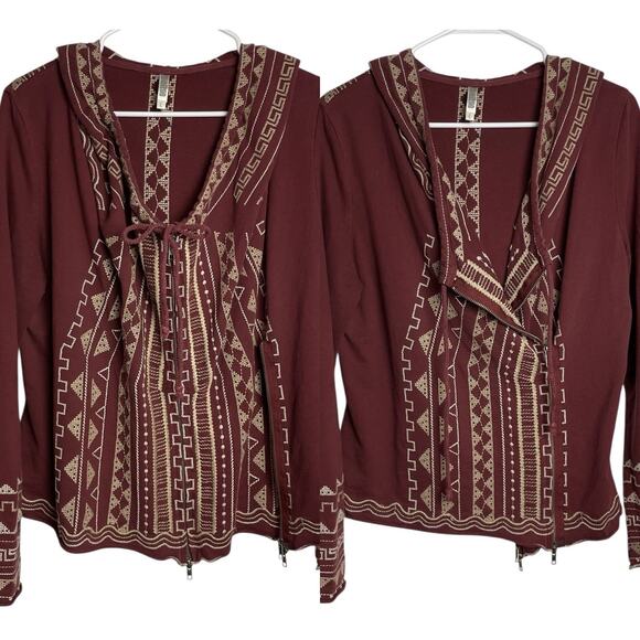 Monoreno Boho Embroidered Hoodie Jacket Womens L Burgundy Aztec Zip 2 Styles - Picture 1 of 6